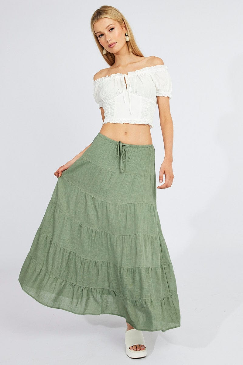 Green Maxi Skirt High Rise Linen Blend