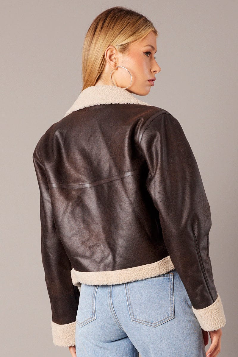Brown Oversized Jacket Collared Long Sleeve Faux Leather