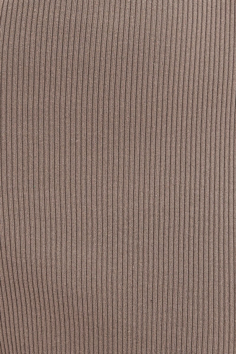 Brown Midi Dress Long Sleeve Round Neck Rib Knitted
