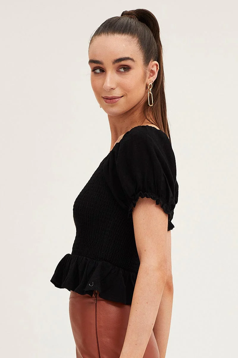 Black Puff Sleeve Shirred Top