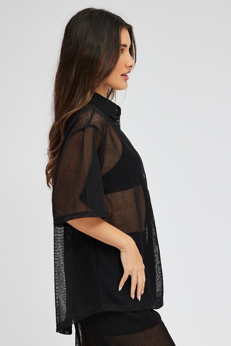 Black Collar Knit Top Short Sleeve