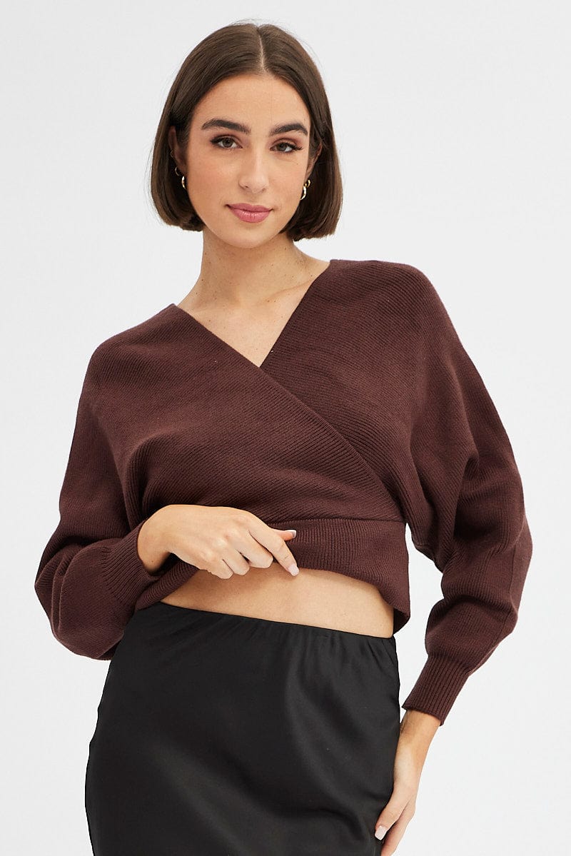 Brown Knit Top Long Sleeve Cross Over