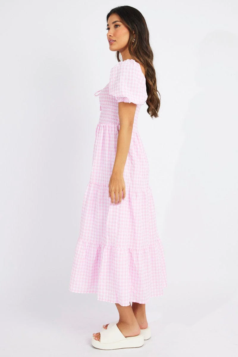 Pink Check Maxi Dress Short Sleeve Shirred
