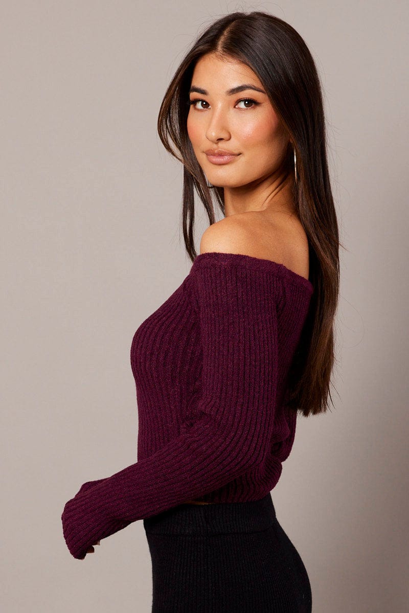 Red Knit Top Long Sleeve Off Shoulder
