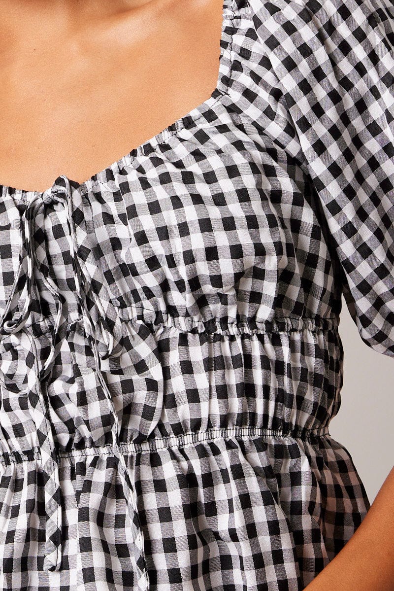 Yellow Check Ruched Peplum Top Short Sleeve