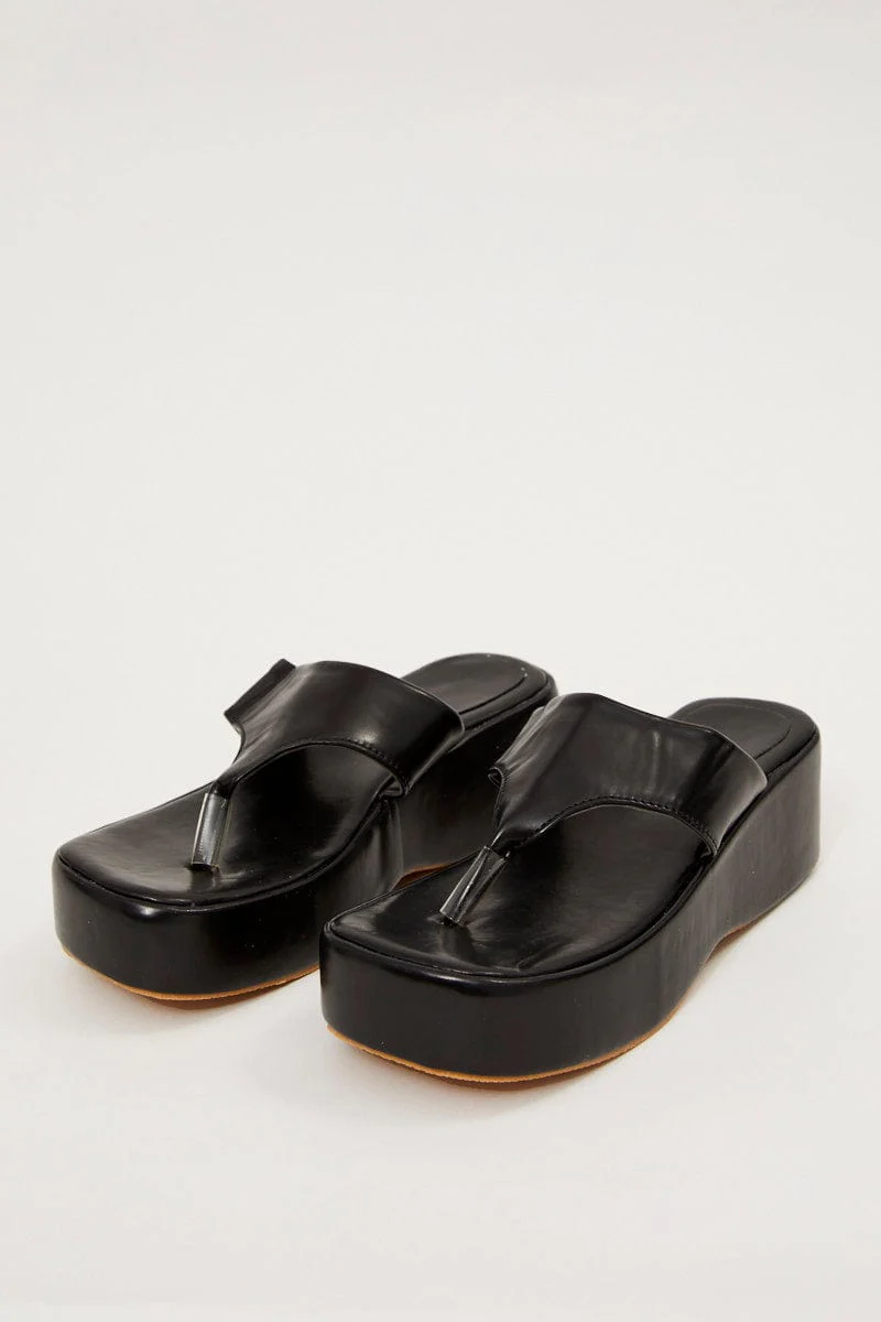 Black Toe Post Thong Wedge Sandals