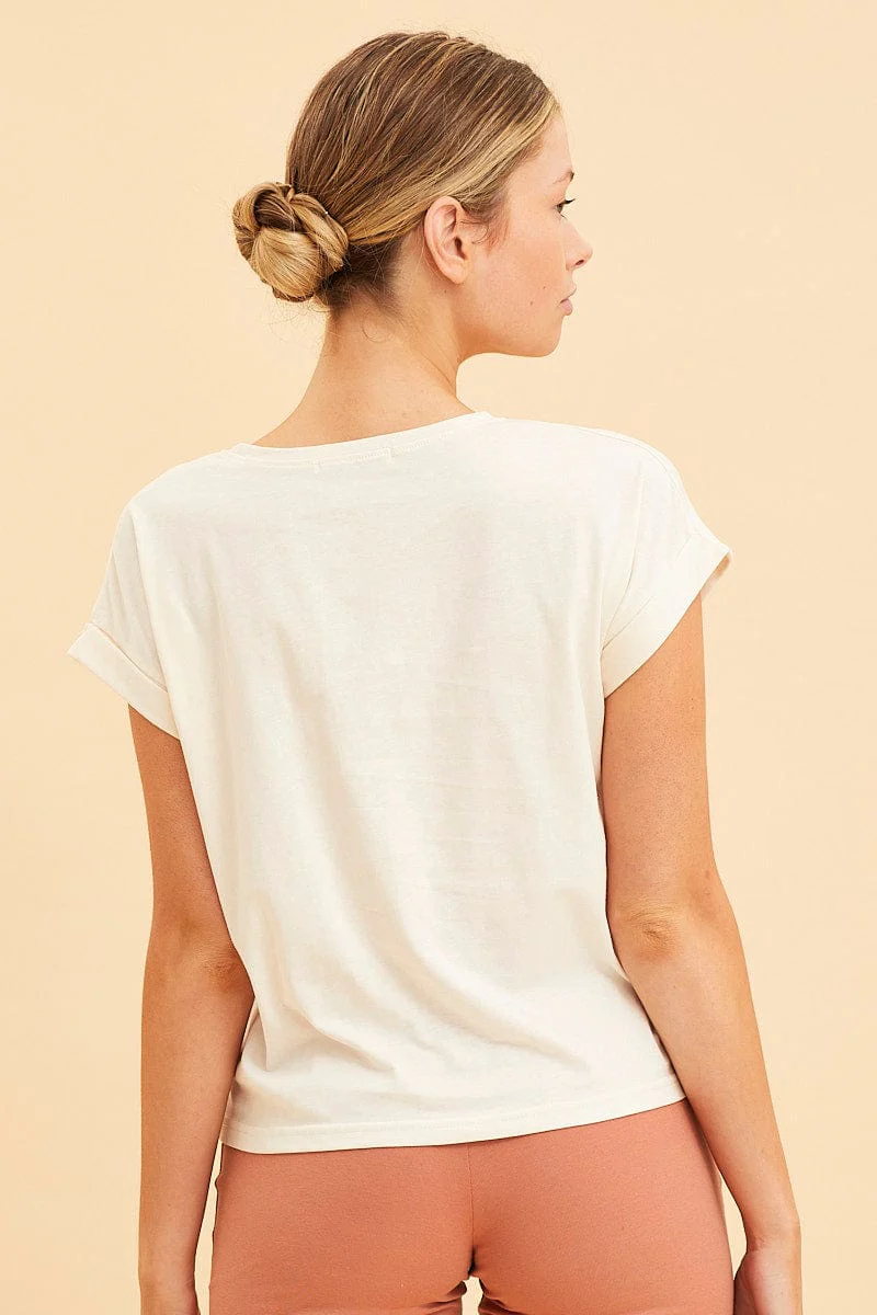 White Cropped T-Shirt Crew Neck Roll Sleeve Cotton