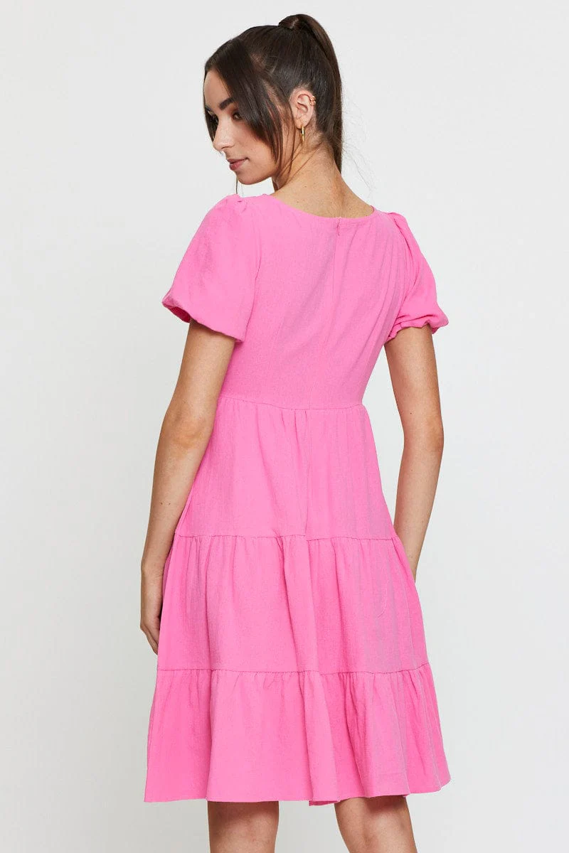 Pink Midi Dress Short Sleeve V Neck