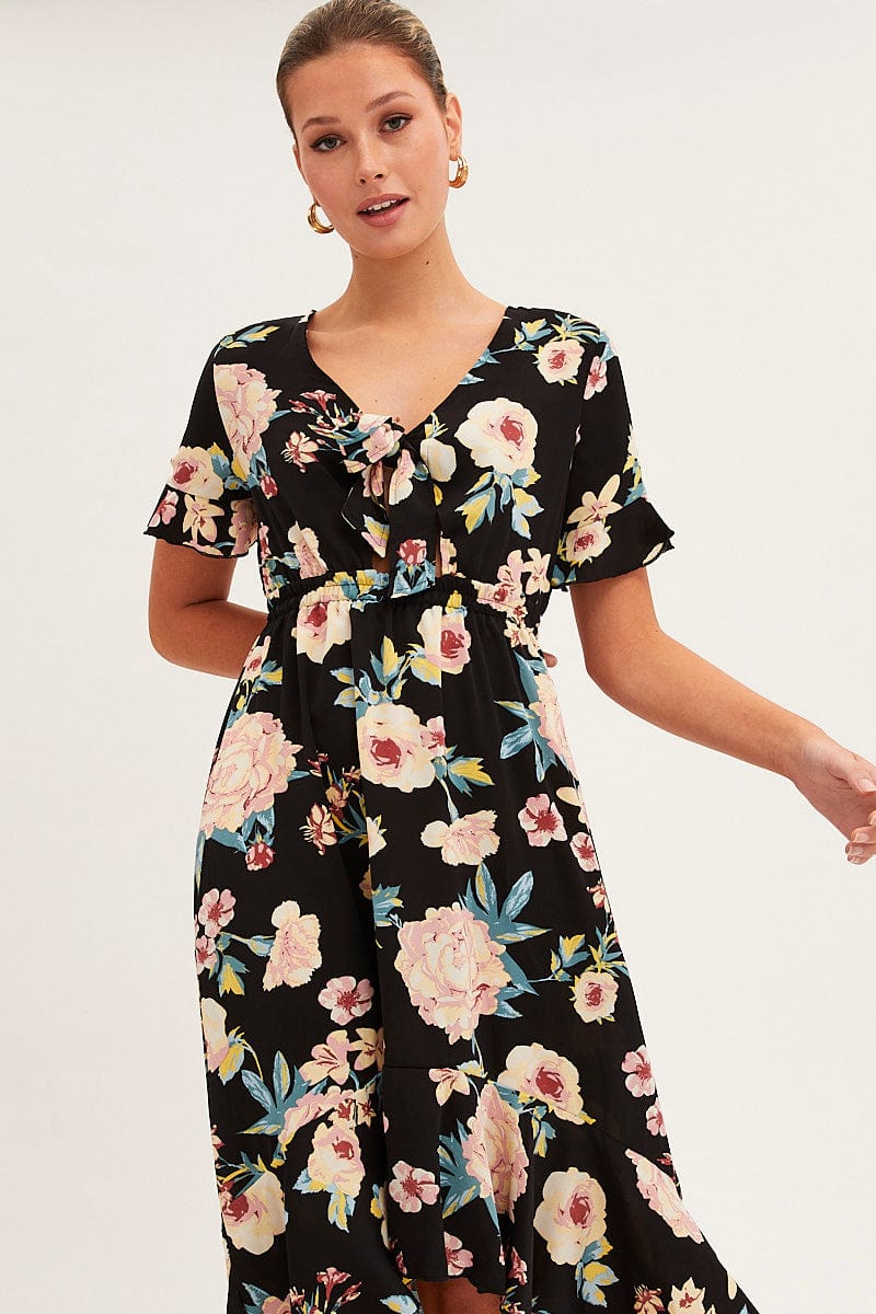Black Floral Tie Front Floral Midi Dress