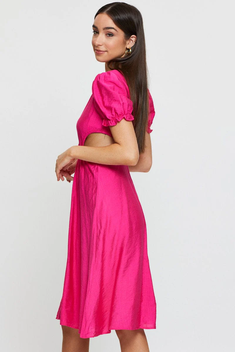 Pink Midi Dress Short Sleeve V Neck