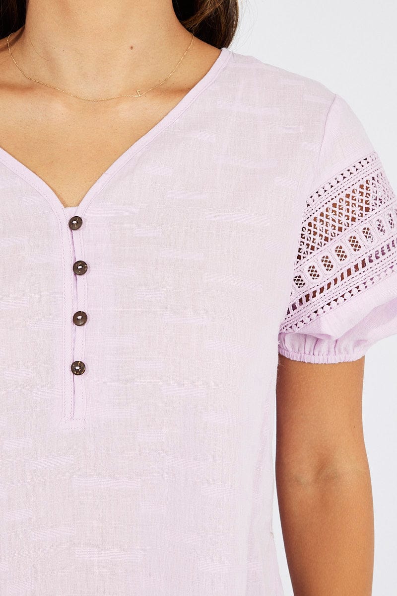Purple Top lace details sleeve texture cotton