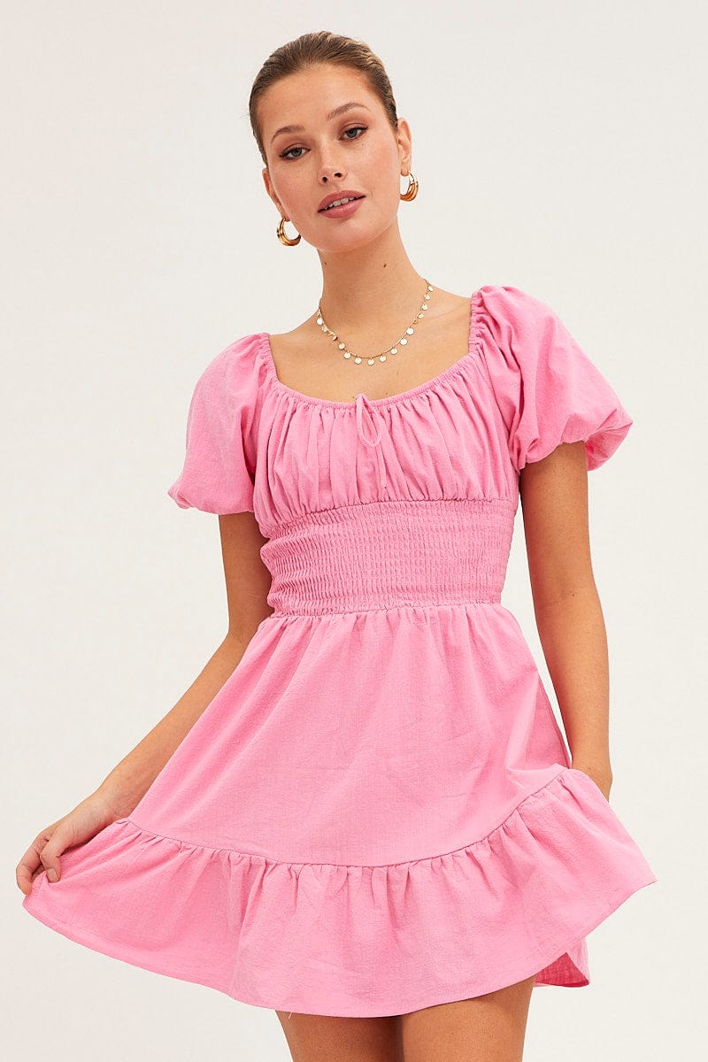 Pink Fit And Flare Dress Short Sleeve Round Neck