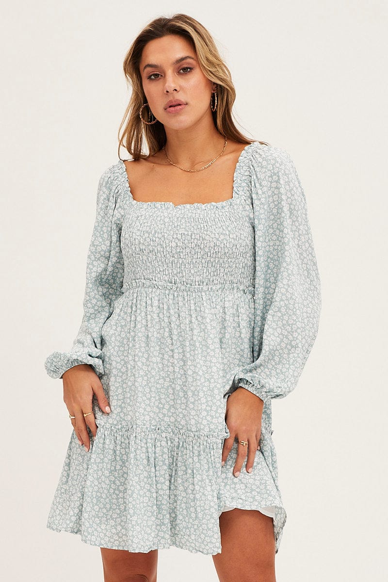 Daisy Print Shirred Skater Dress