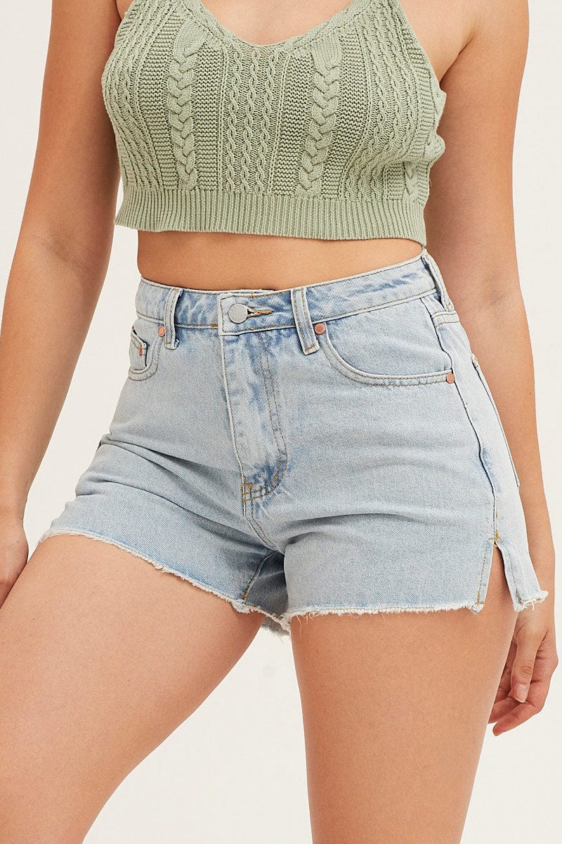 Blue Denim Shorts High Rise Raw Hem Relaxed