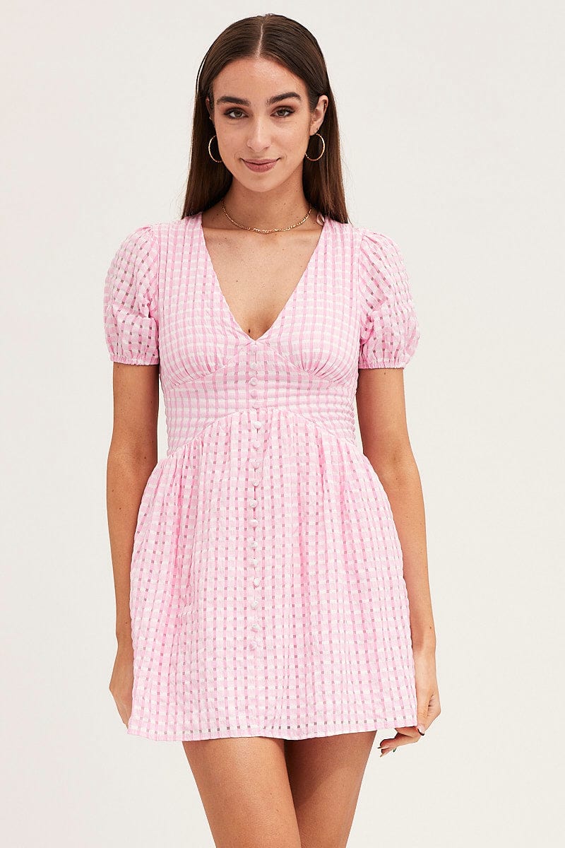 Check Skater Dress Short Sleeve Mini V Neck
