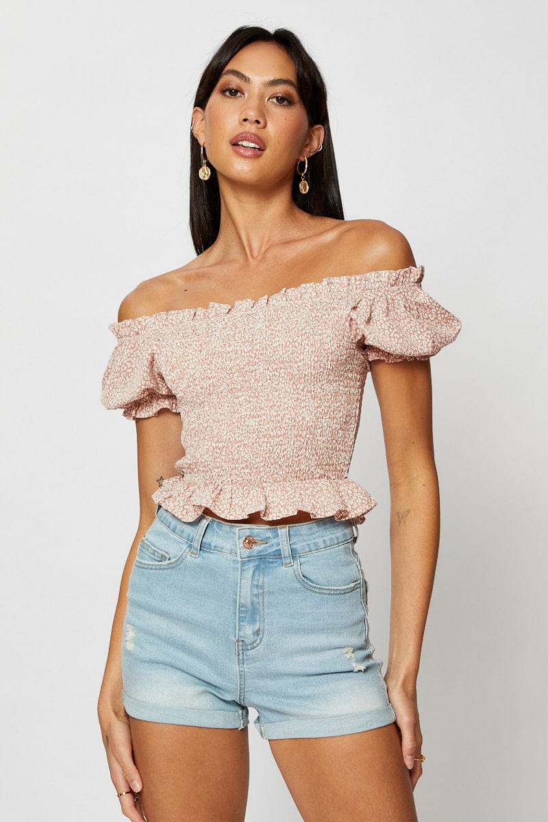 Geo Print Crop Top Short Sleeve Off Shoulder