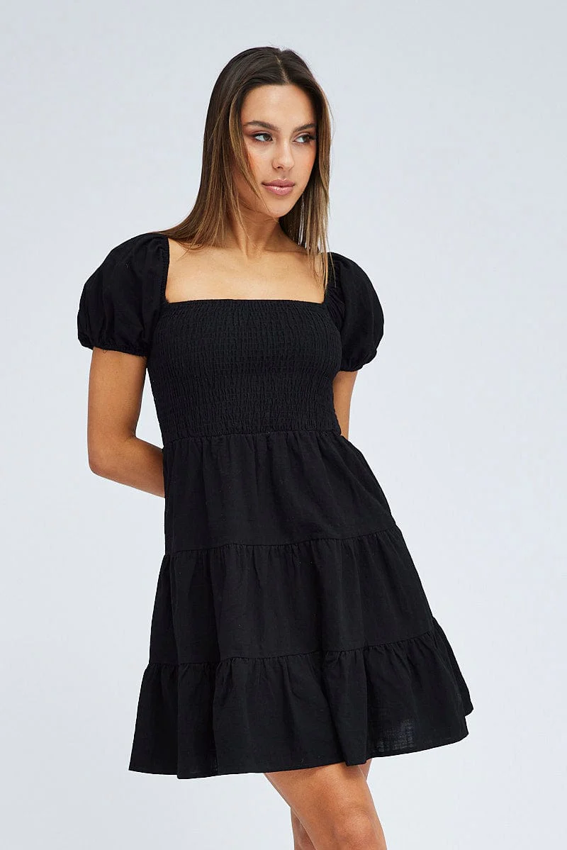 Black Fit and Flare Dress Short Sleeve Shirred