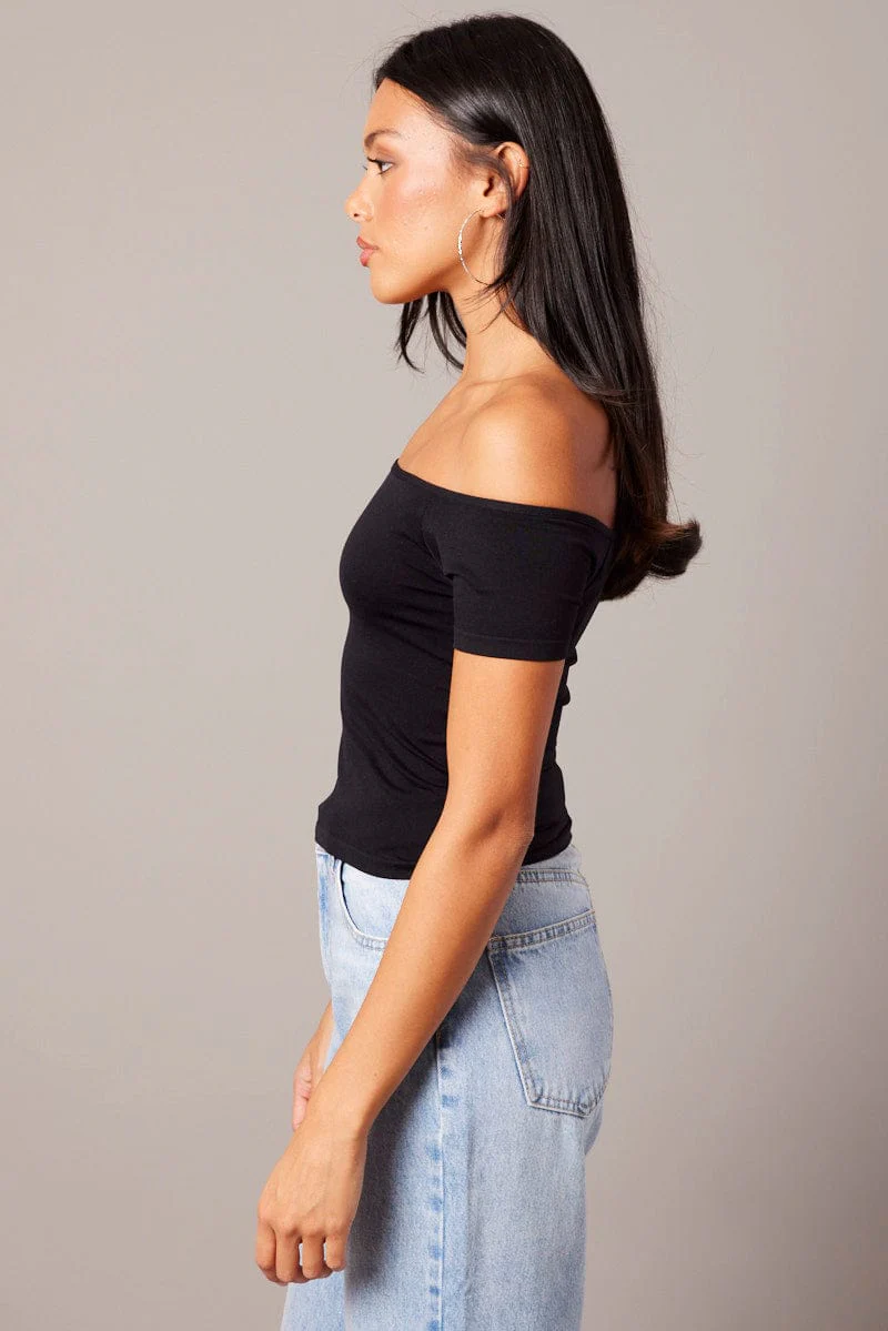 Black Off Shoulder Top Short Sleeve Seamless