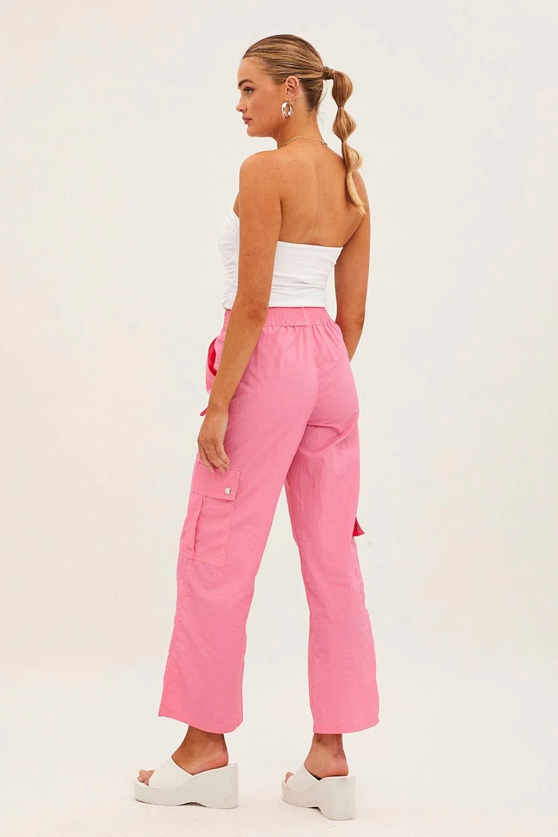 Pink Elastic Waist High Rise Wide Leg Cargo Pants