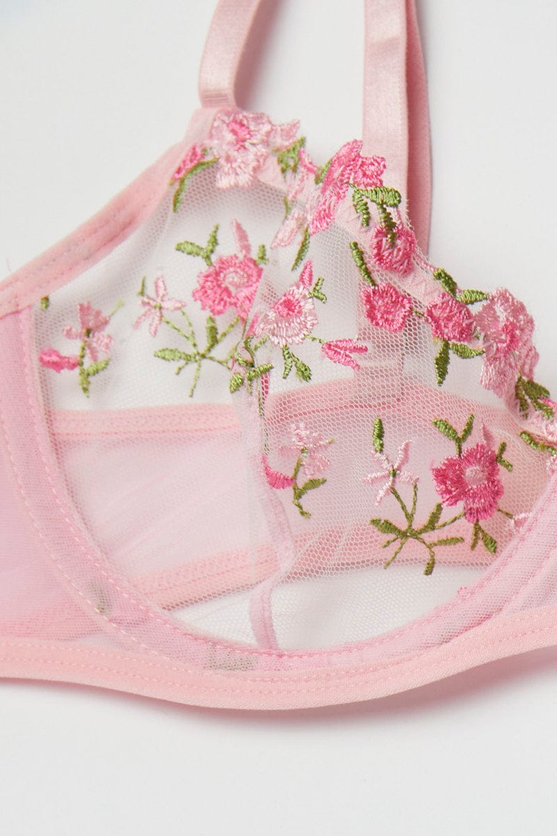 Pink Floral Embroidered Lingerie Set