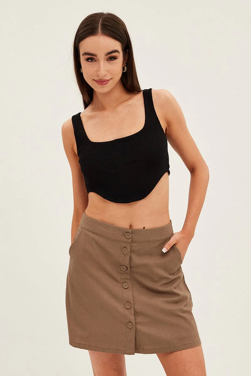 Brown Linen Blend Button Front Mini Skirt