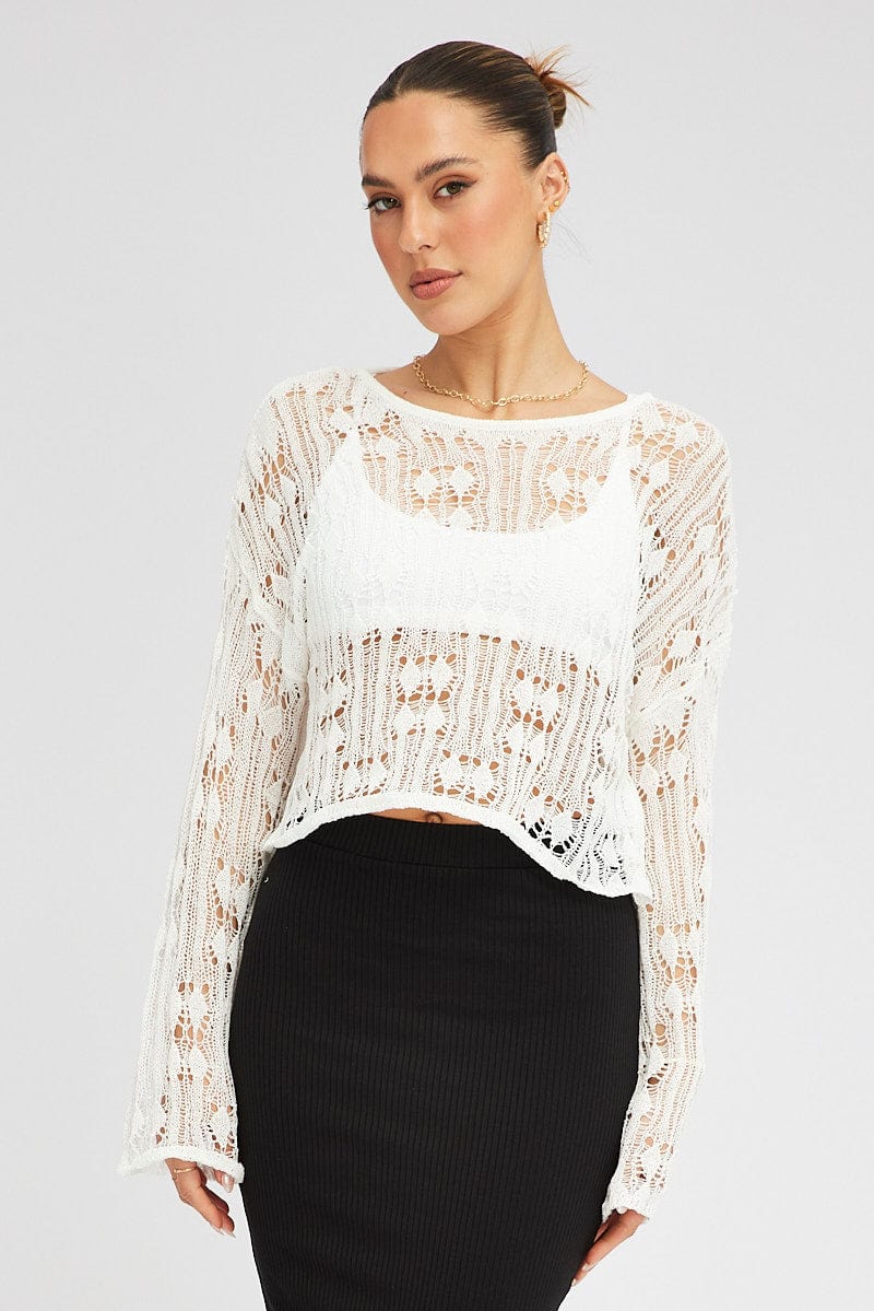 White Knit Top Long SLeeve Crew Neck