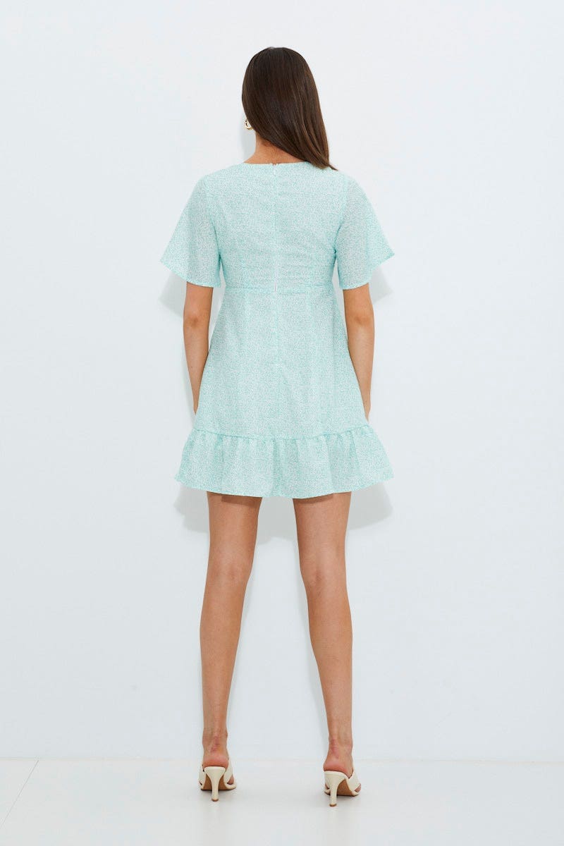 Print Print Bell Sleeve Frill Hem Dress