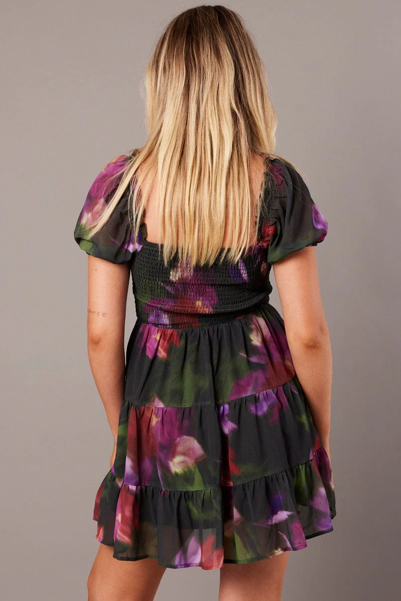 Multi Floral Fit And Flare Dress Puff Sleeve