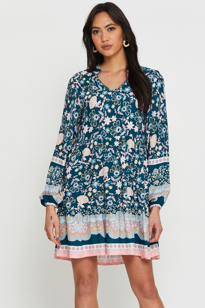 Print Mini Dress Long Sleeve