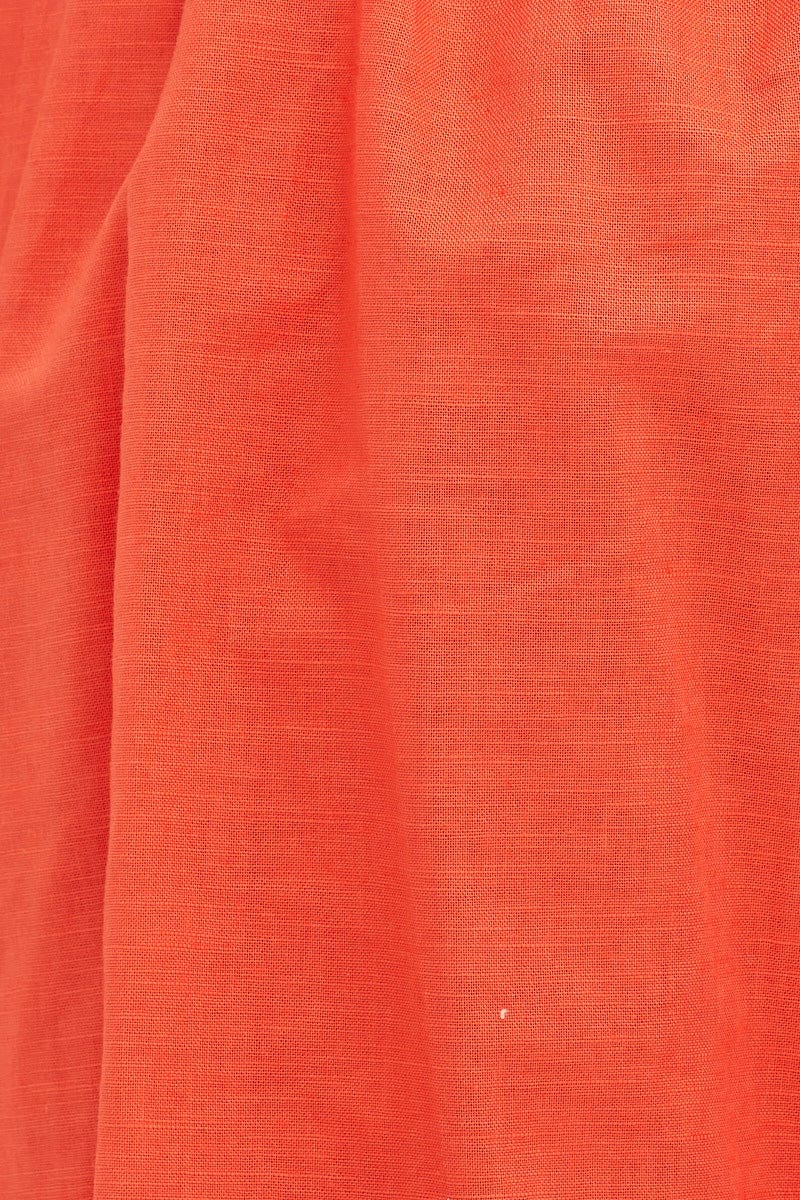 Orange Puff Sleeve Linen Shirred Skater Dress