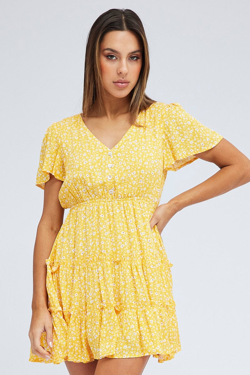 Yellow Ditsy Fit And Flare Dress Short Sleeve Mini