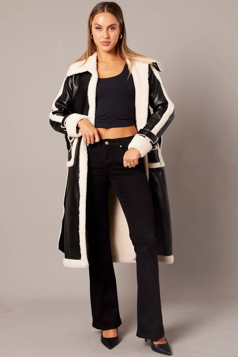 Black Long Coat Shearling Lined Faux Leather