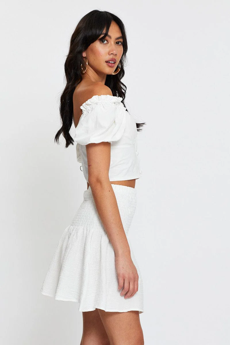 White Linen Blend Shirred Waist Skater Skirt