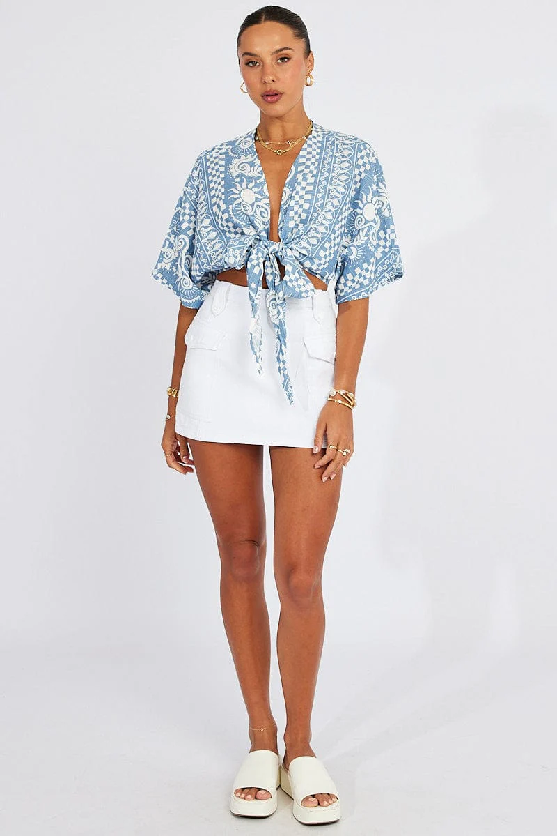 Blue Abstract Tie Up Bolero Short Sleeve