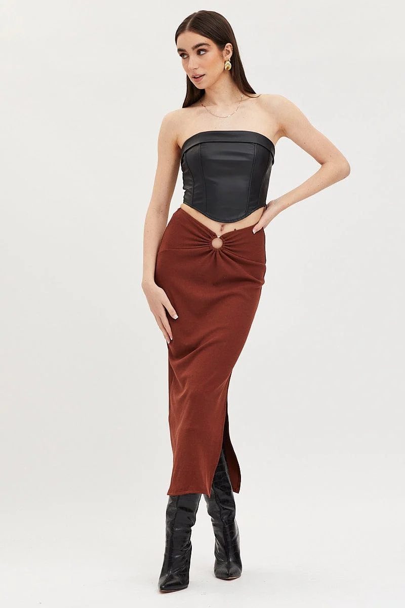 Brown Maxi Skirt High Rise Ring Detial Rib Jersey