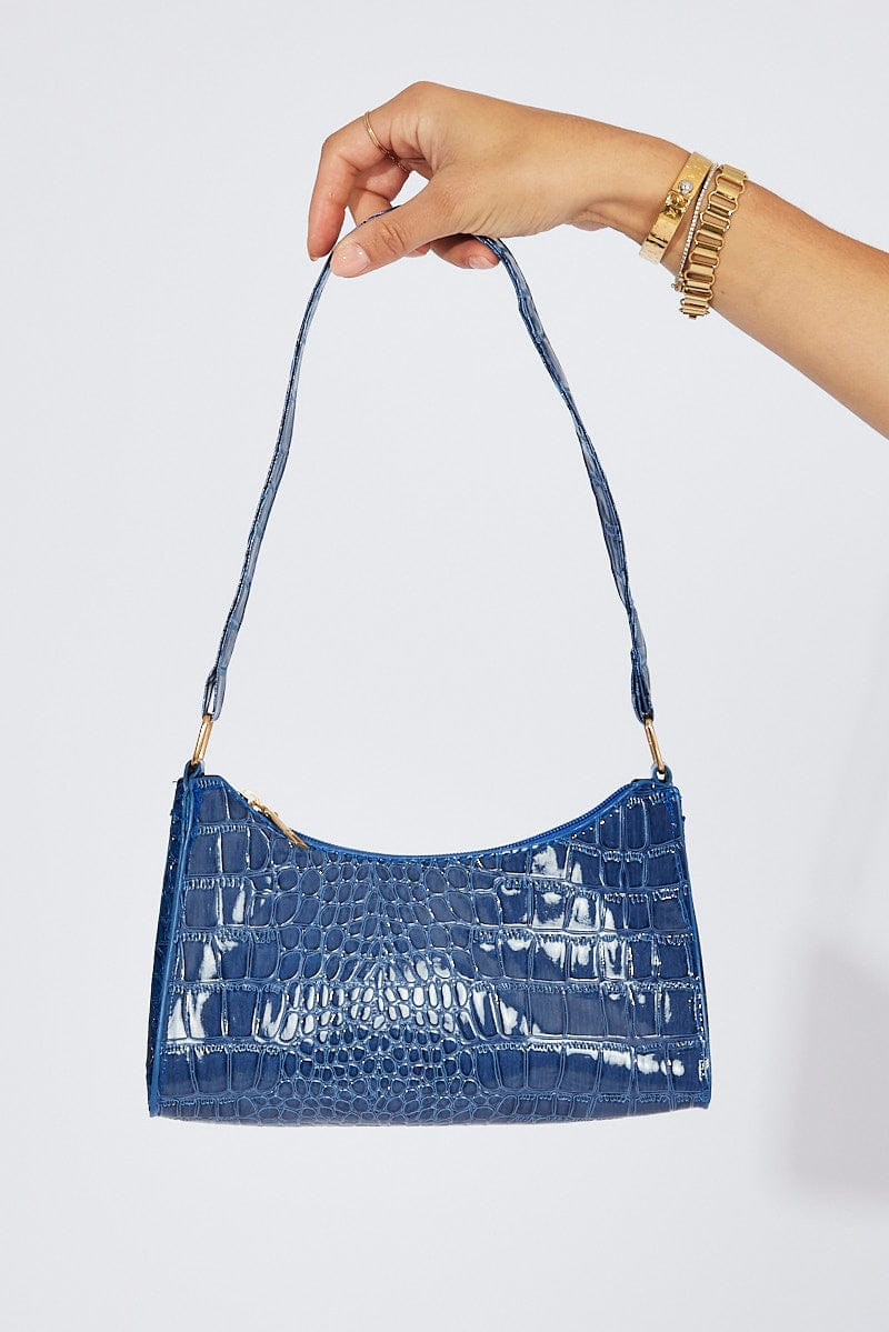 Blue Croc Embossed Baguette Bag Shoulder Bag