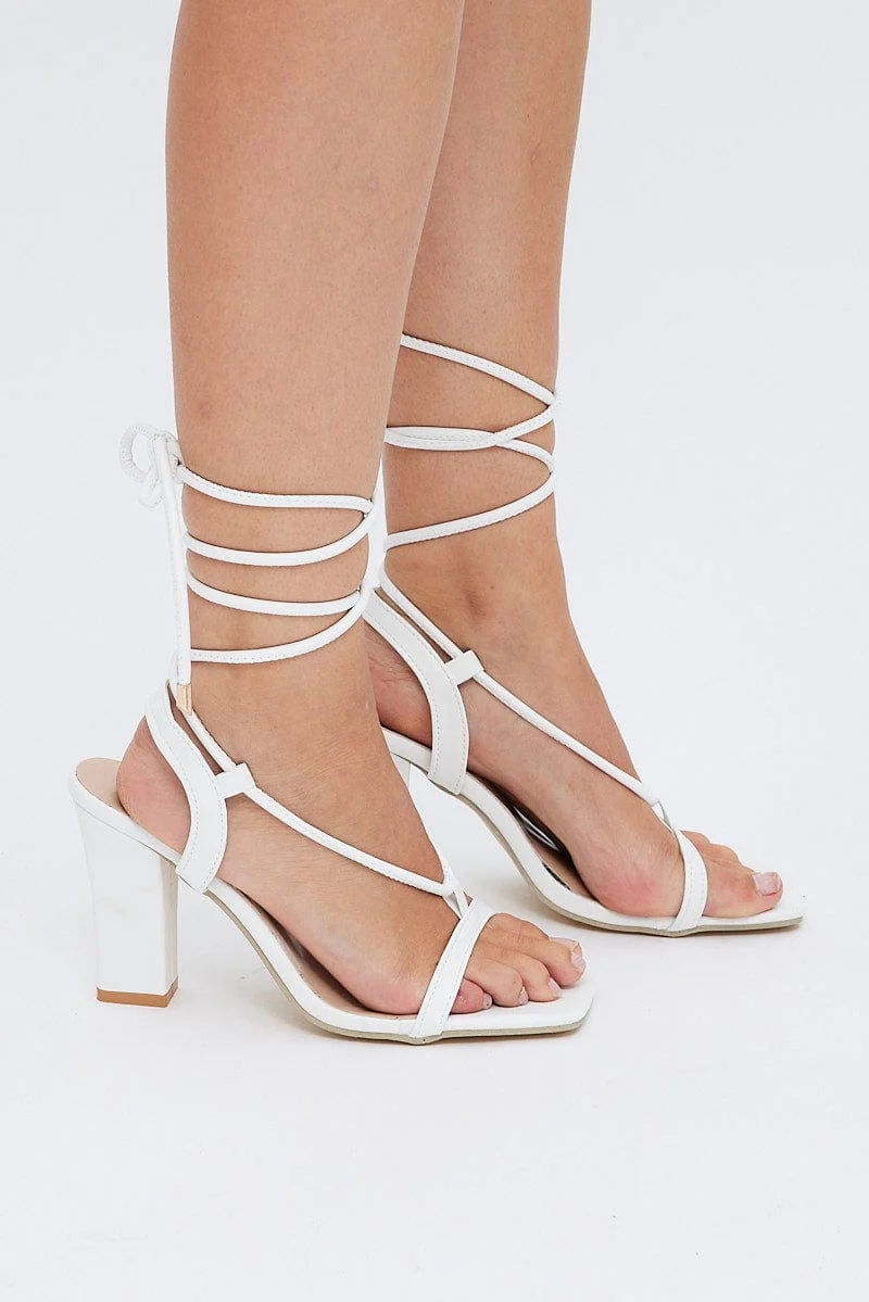 White Strappy Tie Leg Heeled Sandals