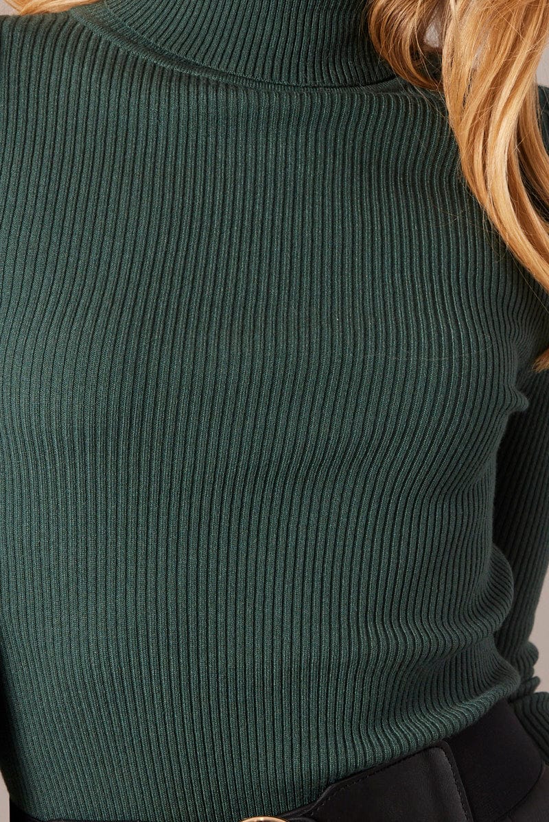 Green Knit Top Long Sleeve High Neck