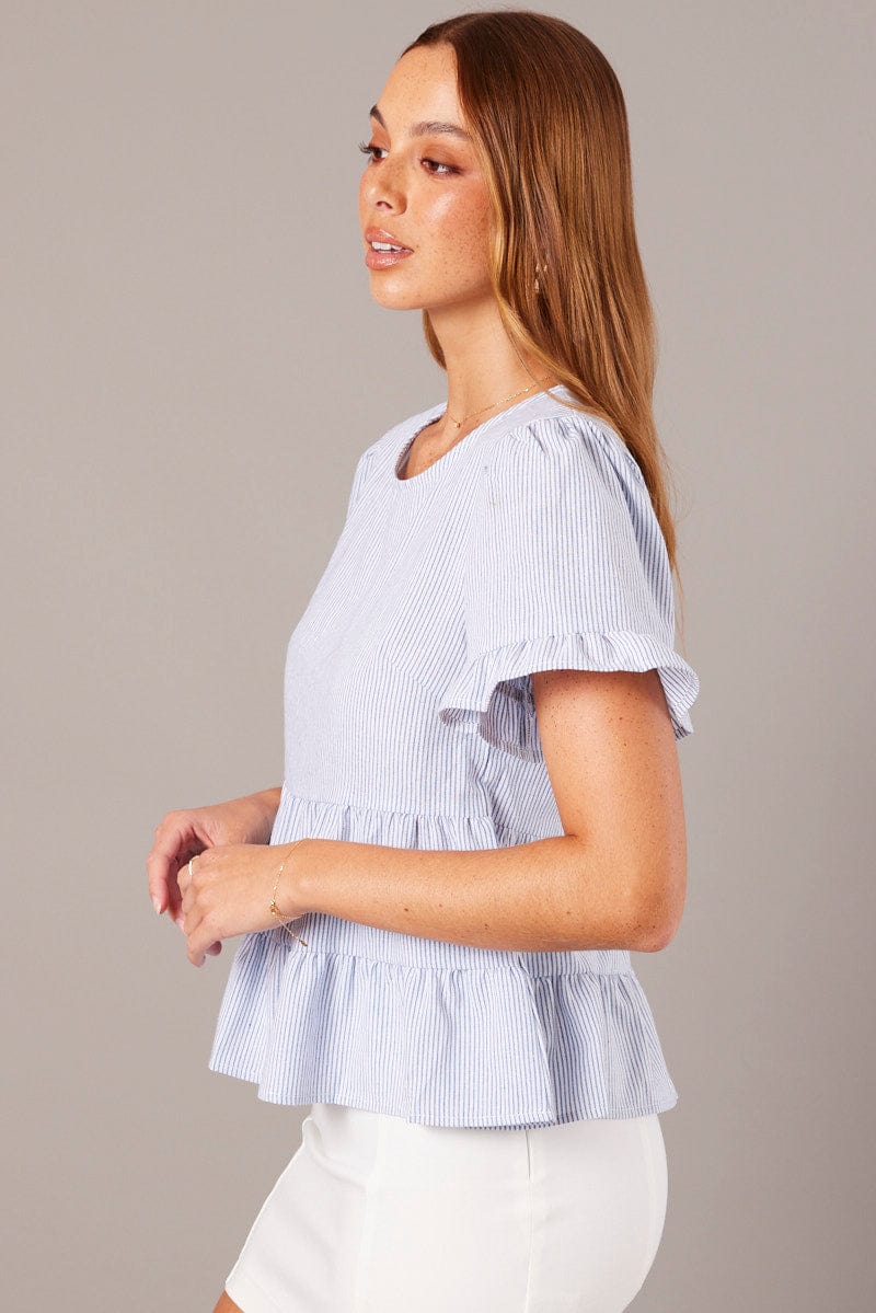 Blue Stripe Ruffle Top Short Sleeve