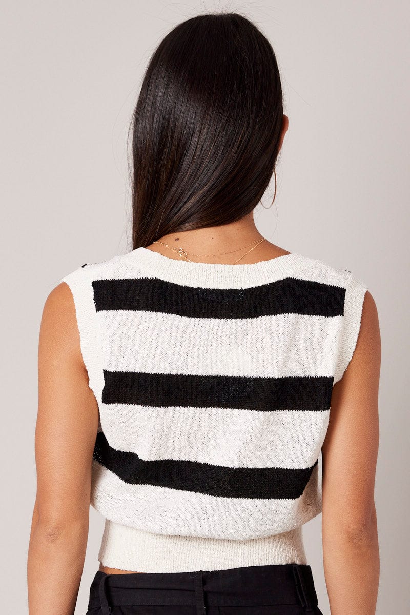 Beige Stripe Knit Vest Sleeveless V Neck Relaxed Fit