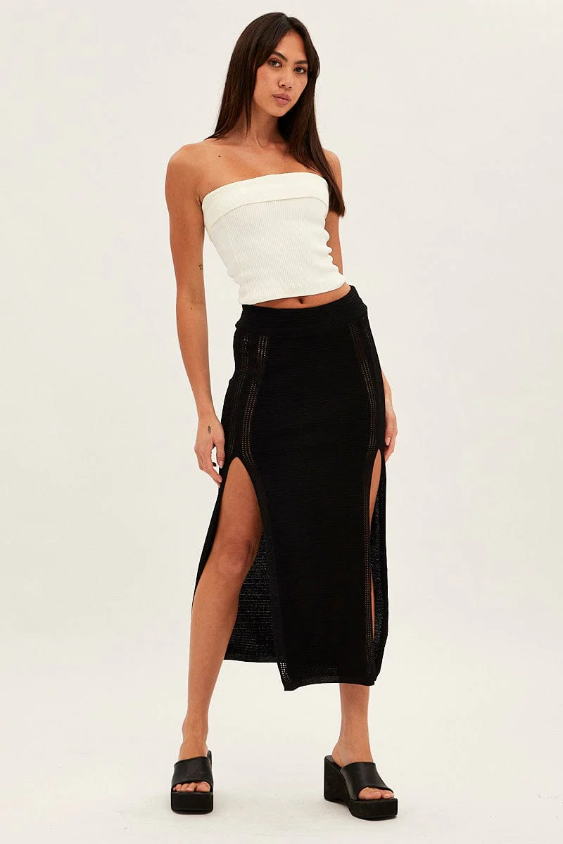 Black Midi Skirt Knit Front Split