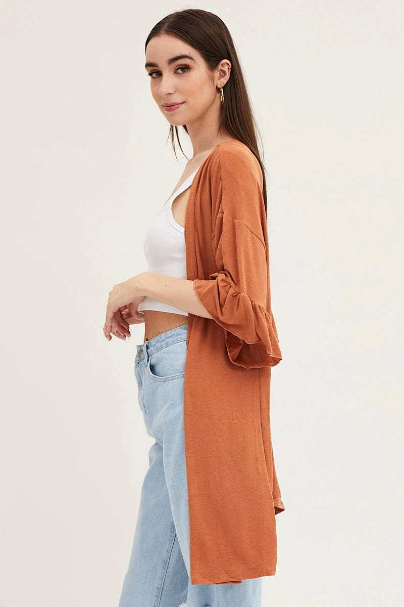 Beige Ruffle Sleeve Longline Cardigan