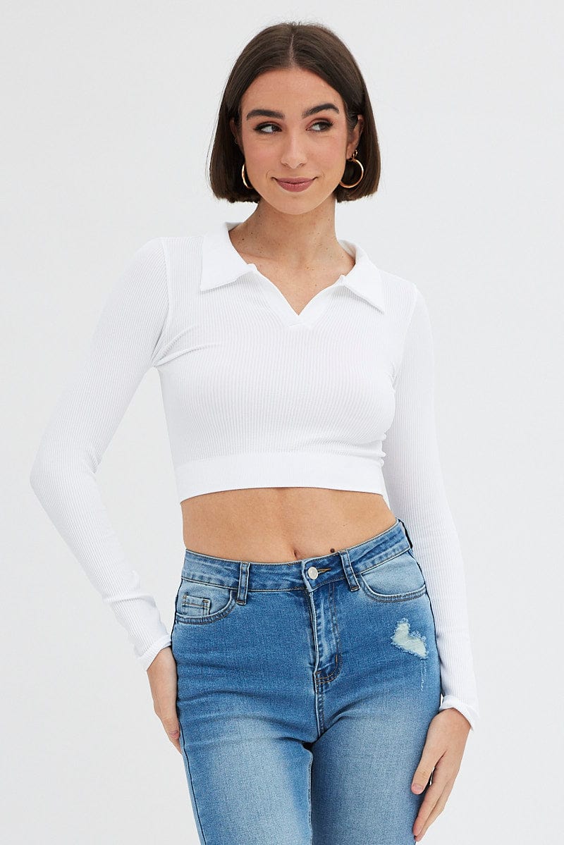 White Collar Top Long sleeve Seamless