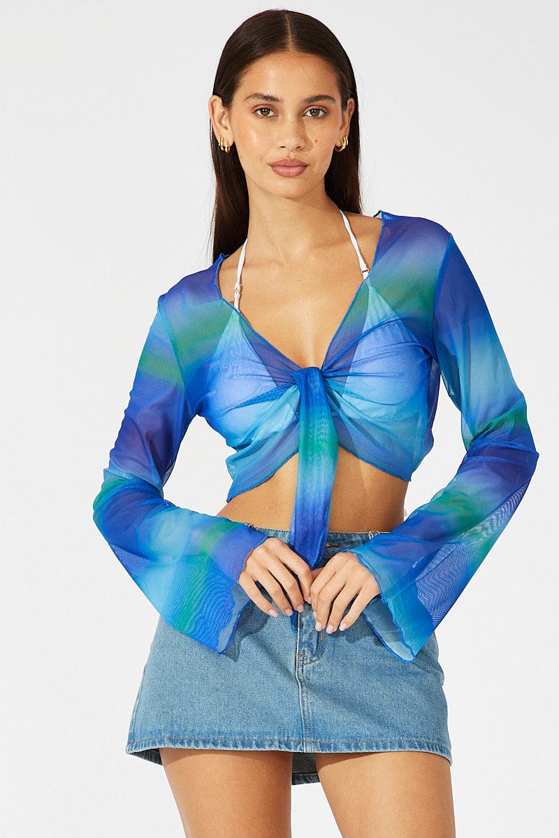 Blue Abstract Tie Up Front Top Long Sleeve Mesh