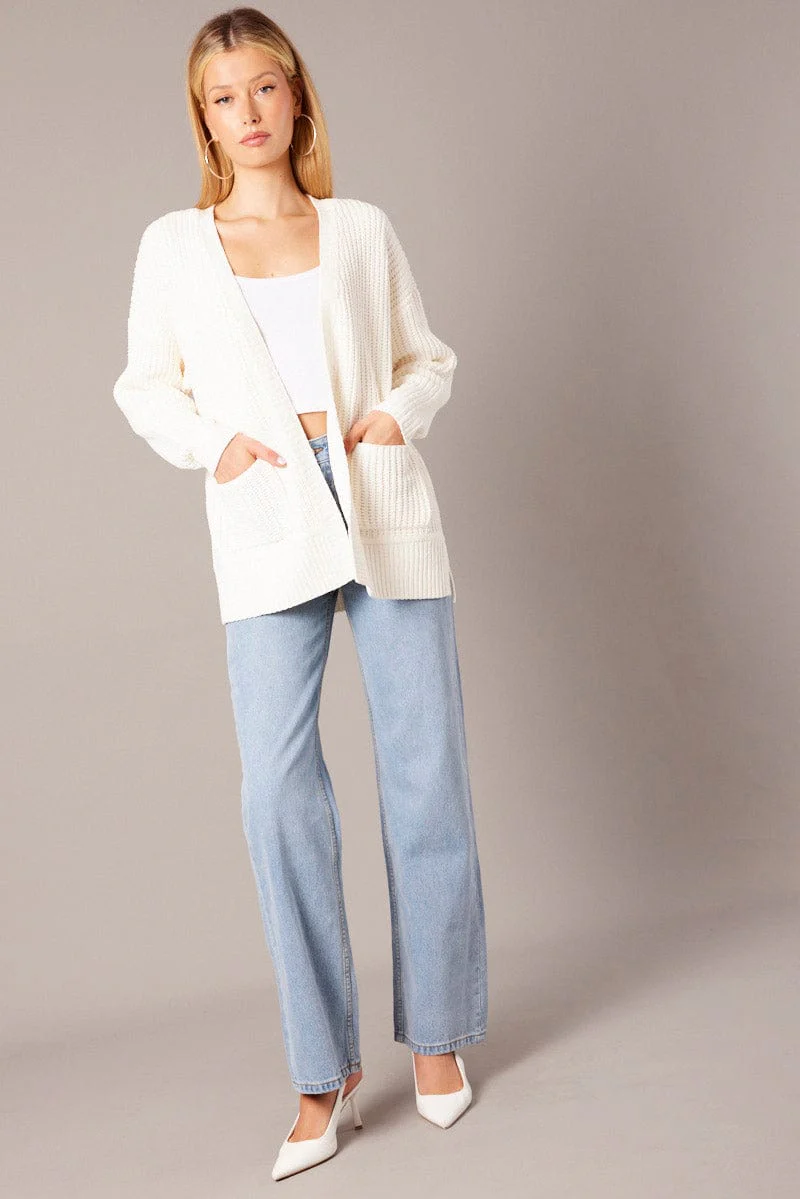White Knit Cardigan Longline Chenille