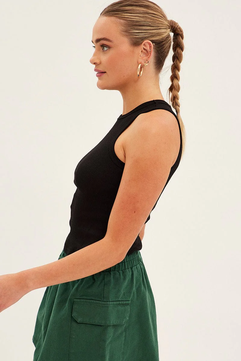 Black Crew Tank High Neck Curved Hem Sleeveless