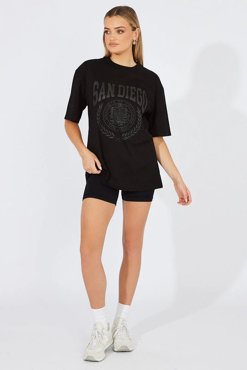 Black Graphic Tee Short Sleeve Round Neck
