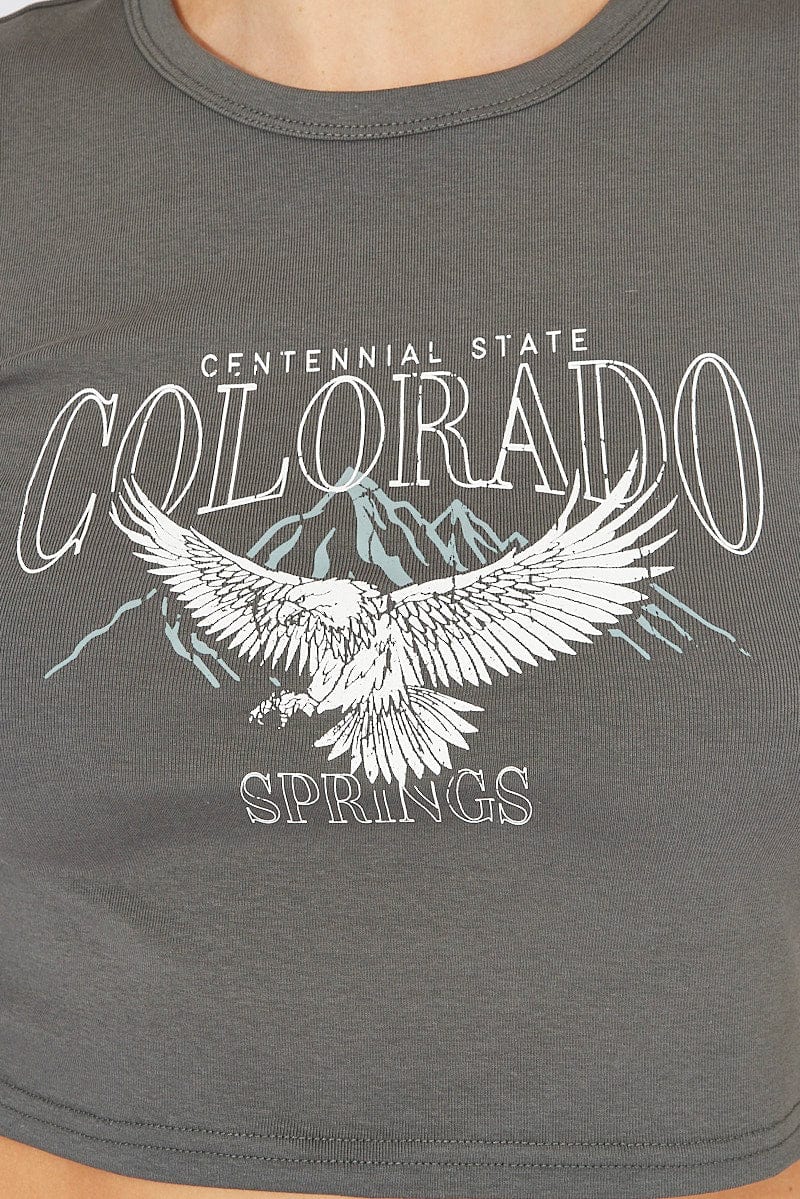 Grey Baby Tee Short Sleeve Crop Round Neck Graphic