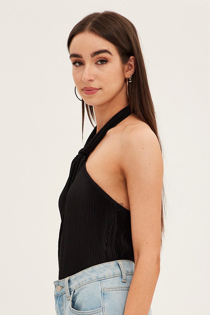 Black Plisse Bodysuit Twist Halter Sleeveless