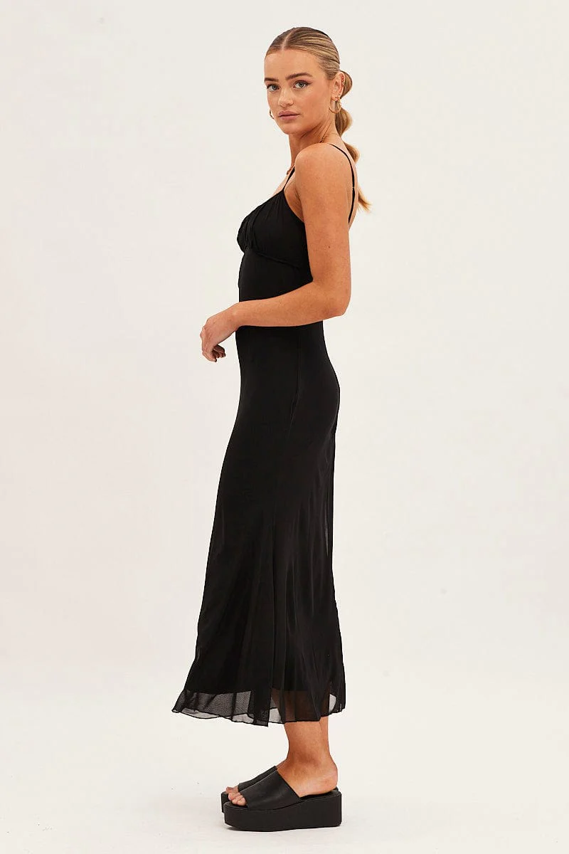 Black Maxi Dress Sleeveless Gathering Bust Mesh